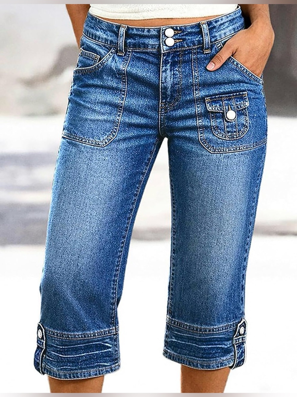 Flamingals Mid Waist Straight Leg Capri Wash Button Tab Jeans L PS7-27